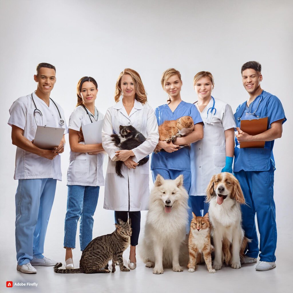 Firefly A group of 7 Veterinarians Vet And Team Stand Holding dogs and cats, veterinary clinic, anim