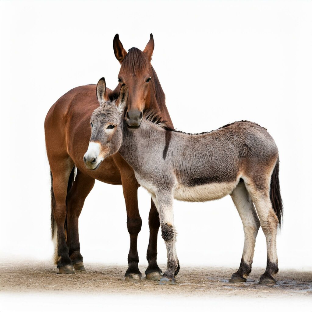 Firefly le corps entier d'un cheval et d'un âne côte à côte sur une fond blanc. 5656